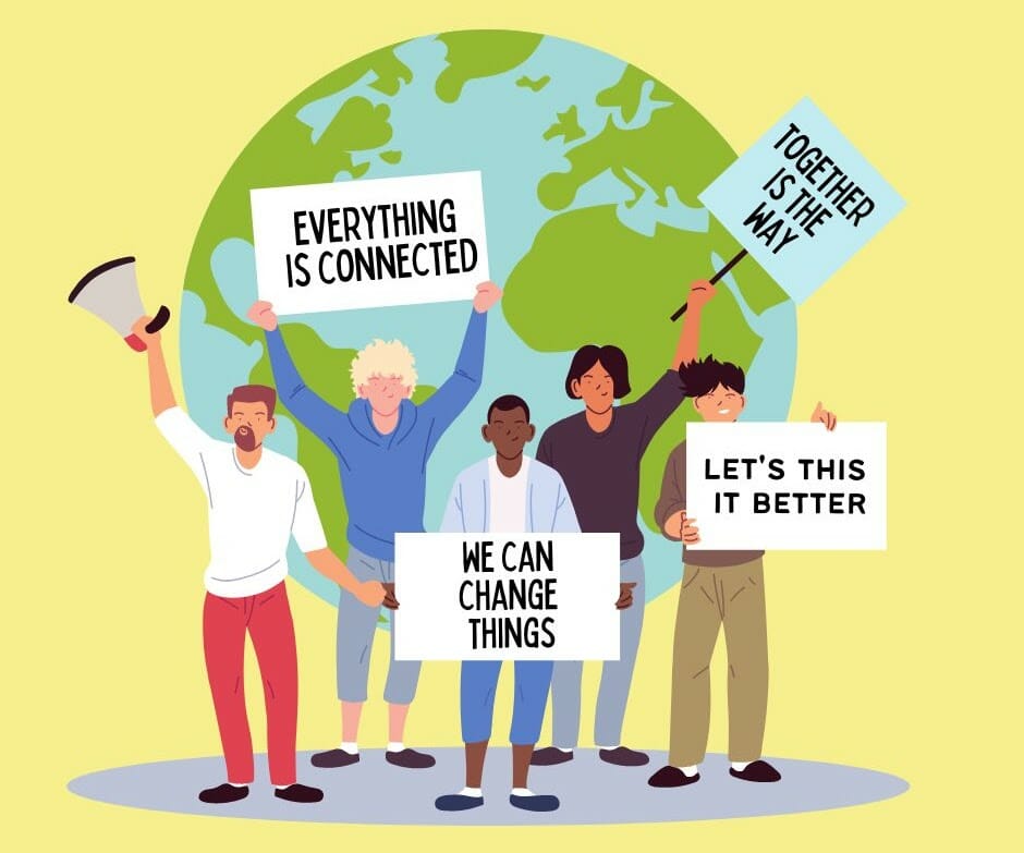 People with posters to show that everything is connected and together we can change things